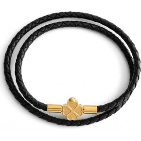 Leporem Double Wrap Braided Leather Bracelet 18K Gold Plated Surgical Steel Four Leaf Clover Push Lock Clasp Luxury Lucky Jewelry Choker Gift Set in Saudi Arabia