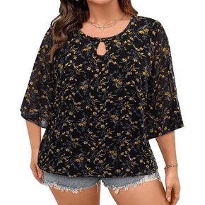 Siddhe Womens Plus Size Tops 3/4 Sleeves Chiffon Blouses Double Layers Dressy Casual Knot Button Crew Neck Shirts XL-5XL in Saudi Arabia