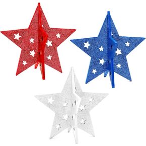 DECYOOL 3 Pack 4th of July Wood Stars 3D Glitter Red White Blue Table Centerpieces Patriotic Star Table Signs for Home Tiered Tray Desk Decorations in Kuwait