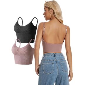 Women Camisole Tank Top - Crop Built-in Bra Ribbed Spaghetti Strap Padded U Backless Workout Sport Basic Cami in Saudi Arabia