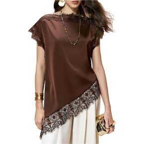 BEAUDRM Women's Elegant Lace Satin Tank Tops Crew Neck Sleeveless Asymmetrical Dressy Summer Silk Going Out Tops in Saudi Arabia