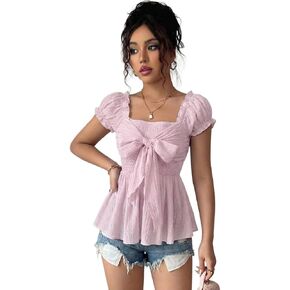 SISKIN Baby Doll Peplum Tops for Women Cute Puff Sleeve Bow Front Empire Waist Tops for Teens Trendy in Saudi Arabia