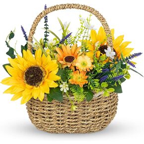 زهور عباد الشمس الاصطناعية، قطع مركزية من زهور الربيع/الصيف للطاولات، تنسيقات زهور الحرير مع سلة منسوجة، عباد الشمس المزيفة مع الأقحوان واللافندر، قطعة مركزية لطاولة العشاء في الأماكن المغلقة والخارجية in Kuwait