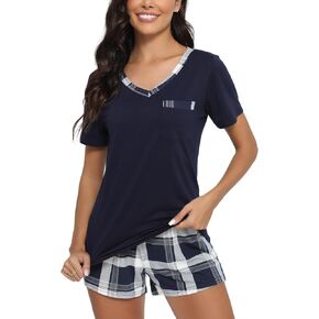 Women's Sleepwear Short Sleeve Pajama Sets Casual V Neck Shirt Plaid Bottom in Saudi Arabia