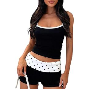 RUEWEY Women 2 Piece Polka Dots Pajama Set Y2k Sleeveless Cami Tank Top and Fold Over Shorts Lounge Set Sleepwear in Saudi Arabia