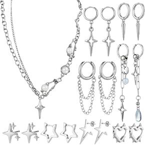9 Pcs Y2k Jewelry Set Goth Star Earrings Silver Necklace Moonlight Stone Accessories Heart Teardrop Chain Dangle Earring Punk Jewelry Gift for Women in Saudi Arabia