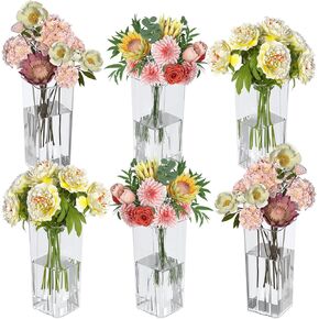 Asking 6 Pack Tall Square Acrylic Flower Vase, Clear Plastic Centerpiece Vases for Table, 4" x 4" x 9" in Saudi Arabia