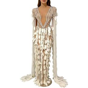 Women Pearl Prom Dress Transparent Layered Leaf Long Dress Bar Stage Performance Costume Prom Gown(White,One Size) in Kuwait