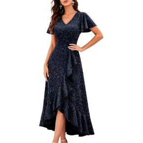 BeryLove Sequin Formal Dress Flutter Short Sleeve Wedding Guest Prom Cocktail Long Evening Dress in Saudi Arabia