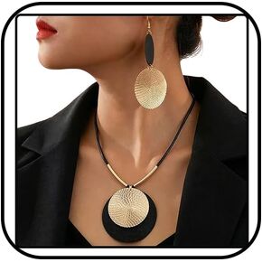 Gold Disc Jewelry Sets for Women Chunky Black Leather Cord Medallion Pendant Necklace Boho Unique Circle Statement Earring Costume Prom Jewelry Accessories in Saudi Arabia