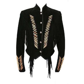 Classyak Western Style Cowgirl Suede Leather Jacket buttoned coat fringed & bones in Saudi Arabia