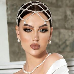 Wedding Pearl Head Chain White Tassel Pearl Hair Cap 1920s Flapper Cap Headpiece Elegant Great Gatsby Headband Prom Bridal Costume Hair Accessories Jewelry for Brides Women in Saudi Arabia