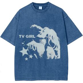 تي شيرت مطبوع عليه Vintage Wash TV Girl تي شيرت قطني كبير الحجم ثقيل الوزن، 260GSM قميص مناسب للجنسين in Kuwait