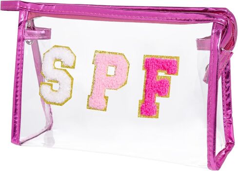 Clear Preppy Patch Makeup Bag, SPF Chenille Letter Bag for Beach, Clear Pouch with Zipper, Preppy Travel Bags Cosmetic Toiletry Bag for Women Girls Teens (Blue) in Kuwait