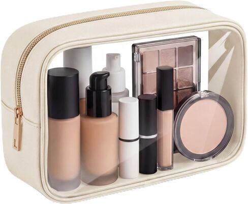 Abbylike 10 Pcs Clear Makeup Bag Bulk PU Leather Travel Cosmetic Case Dormitory Dorm Makeup Pouch Small Toiletry Bag with Zipper Car Organizer Waterproof for Women Summer Vacation (Light Beige) in Kuwait
