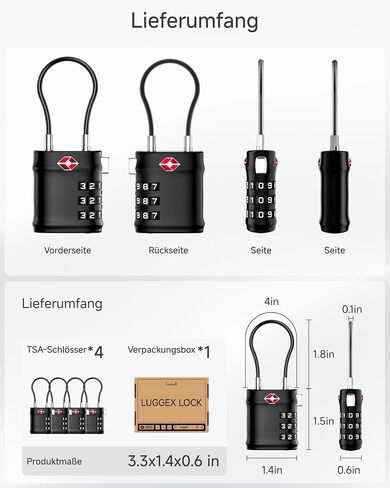 LUGGEX TSA Locks for Luggage, Luggage Locks, Suitcase Locks TSA Approved | Travel Locks, Gift Box, Ease of Use & Durable (Black, 4 Pack) in Saudi Arabia