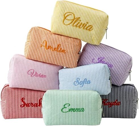 Custom Name Embroidered Seersucker Makeup Bag, Personalized Striped Cosmetic Pouch, Lightweight Large Capacity Travel Toiletry Bag, Bridesmaid & Wedding Gift (Pillow Shape) in Saudi Arabia