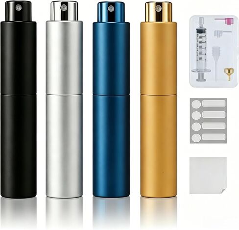 زجاجة عطر للسفر 10 مل قابلة لإعادة الملء، زجاجة كولونيا للسفر، موزع رذاذ فارغ، بخاخ محمول أساسيات السفر للرجال والنساء (أسود، فضي، أزرق، ذهبي) in Kuwait