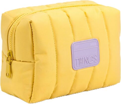 notcoy Quilted Makeup Bag with 2 Inner Pockets, Zipper Cosmetic Pouch and Travel Organizer for Makeup, Toiletries, Accessories, and Jewelry - Yellow with Purple Patch in Kuwait