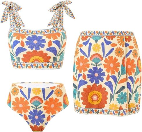 RoseSeek Women's 3 Piece Boho Bikini Set Colorful Floral Print Tank Tops with Panties with Cover Up Skirts in Kuwait