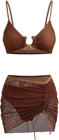 RoseSeek Women's 3 Piece Boho Swimsuits Metal Ring Spaghetti Strap Tops and Panties with Mesh Skirts Bikini Set in Kuwait