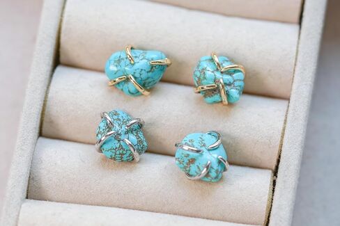 Turquoise Gemstone Stud Earrings, Natural Turquoise, Turquoise Jewelry, 18K Gold or Silver Plated, Push Back Closure, Stone Earrings, Blue Earrings, Raw Crystal Earrings in Kuwait