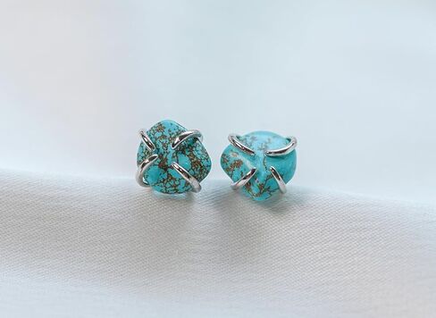 Turquoise Gemstone Stud Earrings, Natural Turquoise, Turquoise Jewelry, 18K Gold or Silver Plated, Push Back Closure, Stone Earrings, Blue Earrings, Raw Crystal Earrings in Kuwait