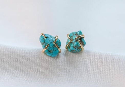 Turquoise Gemstone Stud Earrings, Natural Turquoise, Turquoise Jewelry, 18K Gold or Silver Plated, Push Back Closure, Stone Earrings, Blue Earrings, Raw Crystal Earrings in Kuwait