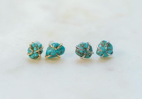 Turquoise Gemstone Stud Earrings, Natural Turquoise, Turquoise Jewelry, 18K Gold or Silver Plated, Push Back Closure, Stone Earrings, Blue Earrings, Raw Crystal Earrings in Kuwait