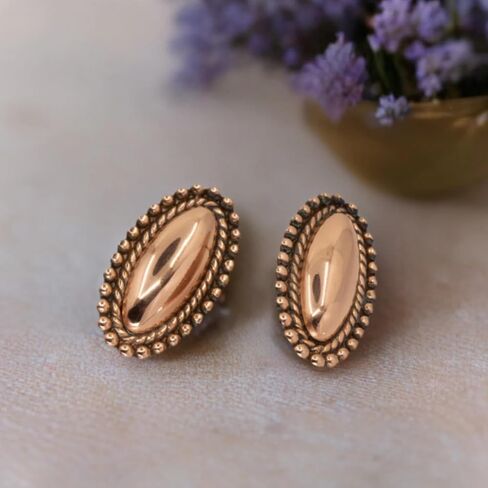 Solid Copper Navette Post Earrings, Oval with Rope Border | Hypoallergenic Steel Ear Posts in Saudi Arabia
