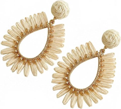 Woven Raffia Rattan Earrings for Women, Boho Flower Hoop & Drop Dangle Earrings Collection, Handmade Summer Beach Vacation Statement Earrings for Party Daily Wear in Kuwait
