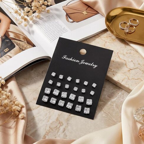 12 Pairs CZ Studs Earrings Silver Sparkling Rhinestones Studs (5mm, 8mm) | CZ Studs Earrings Sparkling Rhinestones in Saudi Arabia