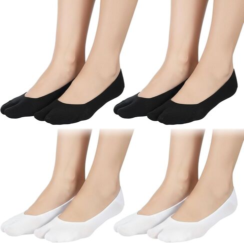 4 Pairs No Show Tabi Socks for Women, No Show Socks Split Two Toe Flip Flop Sock for Sneakers Loafers Sandals Low Cut Sock for Men Women Unisex (Black&White) in Kuwait