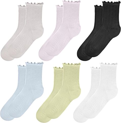 Women‘s Ruffle Ankle Socks – 6 Pair Cotton Lettuce Trim Breathable Cute Frilly Socks for Flats Loafers Dress Shoes, Soft Lightweight Casual Fashion for Women & Teen Girls in Saudi Arabia