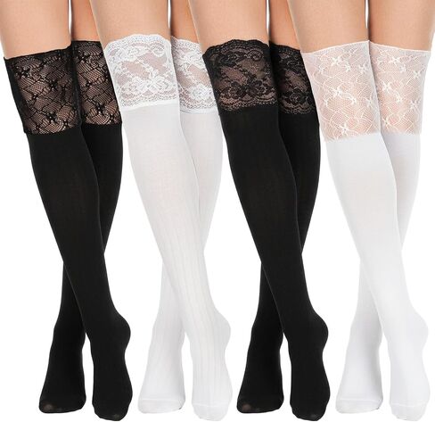 Vin Beauty 4 Pairs Women Thigh High Socks with Lace Trim Women's Long Knee High Sock Kawaii Lace Top Lolita Boot Stockings Solid Color Over the Knee Socks Black and White Sock for Women Lady Grils in Kuwait
