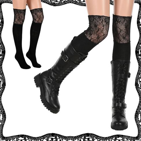 Vin Beauty 4 Pairs Women Thigh High Socks with Lace Trim Women's Long Knee High Sock Kawaii Lace Top Lolita Boot Stockings Solid Color Over the Knee Socks Black and White Sock for Women Lady Grils in Kuwait