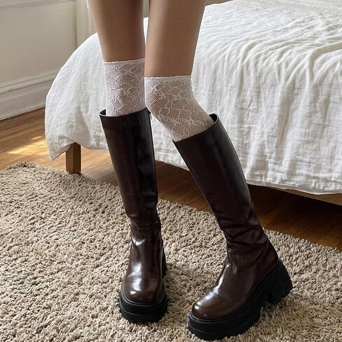 Vin Beauty 4 Pairs Women Thigh High Socks with Lace Trim Women's Long Knee High Sock Kawaii Lace Top Lolita Boot Stockings Solid Color Over the Knee Socks Black and White Sock for Women Lady Grils in Kuwait