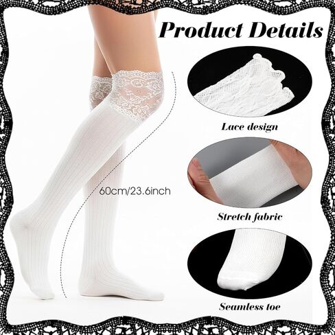 Vin Beauty 4 Pairs Women Thigh High Socks with Lace Trim Women's Long Knee High Sock Kawaii Lace Top Lolita Boot Stockings Solid Color Over the Knee Socks Black and White Sock for Women Lady Grils in Kuwait
