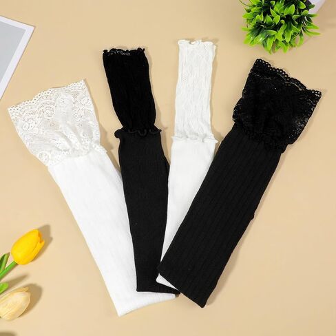 Vin Beauty 4 Pairs Women Thigh High Socks with Lace Trim Women's Long Knee High Sock Kawaii Lace Top Lolita Boot Stockings Solid Color Over the Knee Socks Black and White Sock for Women Lady Grils in Kuwait
