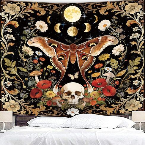 Riyidecor Gothic Moth Witchy Tapestry 59Wx51H Inch Skull Mushroom Retro Mystery Floral Flowers Skeleton Wall Hanging Moon Phase Vintsge Dark Black Mystic Home Dorm Decor Art Living Room Bedroom in Kuwait
