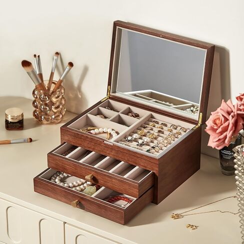 Black Walnut Wooden Jewelry Box Women large 3 Layer Drawer Organizer Box with Glass Lid for Necklaces, Watch, Necklace, Ring, Earring Storage, Fathers Day Gift in Saudi Arabia