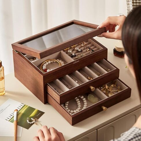 Black Walnut Wooden Jewelry Box Women large 3 Layer Drawer Organizer Box with Glass Lid for Necklaces, Watch, Necklace, Ring, Earring Storage, Fathers Day Gift in Saudi Arabia