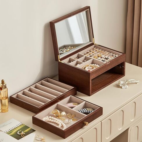 Black Walnut Wooden Jewelry Box Women large 3 Layer Drawer Organizer Box with Glass Lid for Necklaces, Watch, Necklace, Ring, Earring Storage, Fathers Day Gift in Saudi Arabia