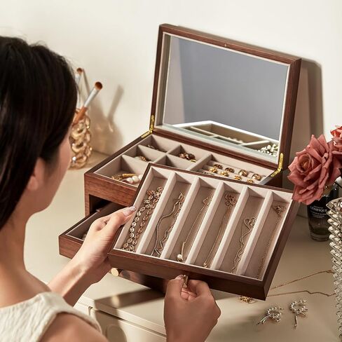 Black Walnut Wooden Jewelry Box Women large 3 Layer Drawer Organizer Box with Glass Lid for Necklaces, Watch, Necklace, Ring, Earring Storage, Fathers Day Gift in Saudi Arabia