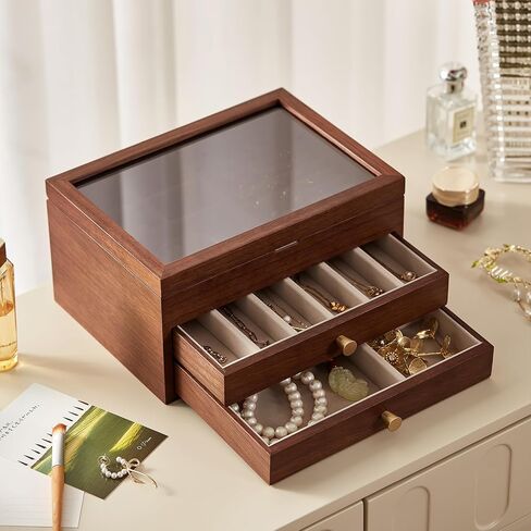 Black Walnut Wooden Jewelry Box Women large 3 Layer Drawer Organizer Box with Glass Lid for Necklaces, Watch, Necklace, Ring, Earring Storage, Fathers Day Gift in Saudi Arabia