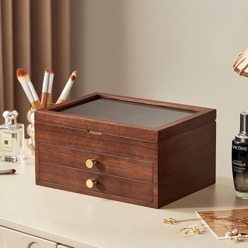 Black Walnut Wooden Jewelry Box Women large 3 Layer Drawer Organizer Box with Glass Lid for Necklaces, Watch, Necklace, Ring, Earring Storage, Fathers Day Gift in Saudi Arabia