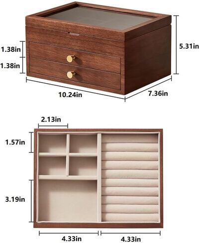 Black Walnut Wooden Jewelry Box Women large 3 Layer Drawer Organizer Box with Glass Lid for Necklaces, Watch, Necklace, Ring, Earring Storage, Fathers Day Gift in Saudi Arabia