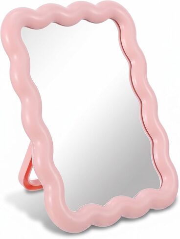 Pink Desk Mirror, 7.28 X 5.71 Inch Wave-Shaped Portable Foldable Vanity Mirror, Travel Makeup Mirror with Stand, for Daily Makeup and Bedroom Use in Saudi Arabia