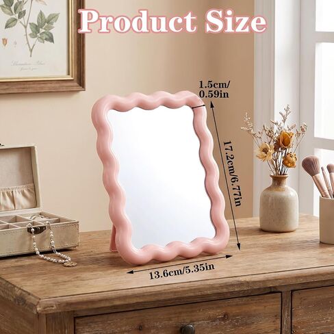 Pink Desk Mirror, 7.28 X 5.71 Inch Wave-Shaped Portable Foldable Vanity Mirror, Travel Makeup Mirror with Stand, for Daily Makeup and Bedroom Use in Saudi Arabia