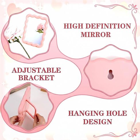 Pink Desk Mirror, 7.28 X 5.71 Inch Wave-Shaped Portable Foldable Vanity Mirror, Travel Makeup Mirror with Stand, for Daily Makeup and Bedroom Use in Saudi Arabia